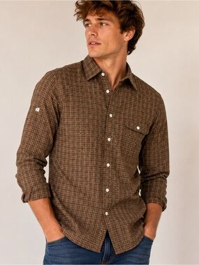 Hickey Made in Heaven L Brown Plaid Button Front Shirt Leaf Buttons Cotton